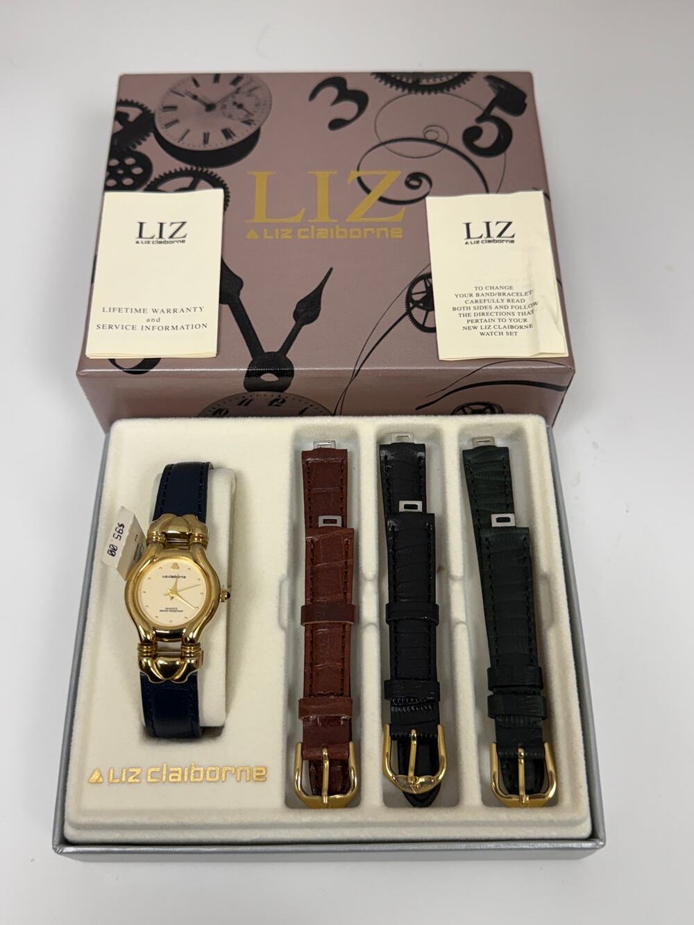 Vintage Liz Claiborne 23K Gold Plated Womens Watch Set 4 Leather Straps NOS Box